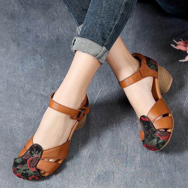 Fashion GKTINOO 2025 Ethnic Style Comfortable High Heels Women Summer Sandals Printed Genuine Leather Mom Women's Shoes Non-slip