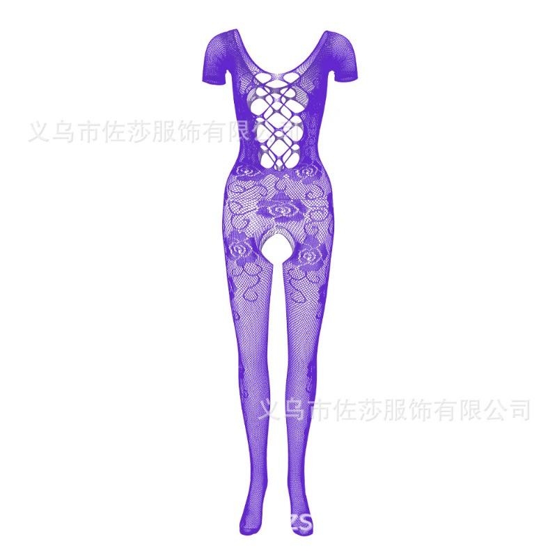 Sex clothes Mesh onesie Rose jacquard nylon open-file short-sleeved backless tights