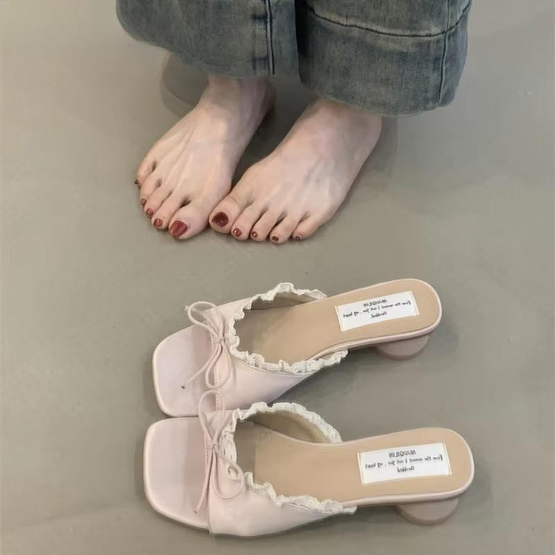 Designer Summer Butterfly-knot Lace Women Slippers Casual Thick Low Heel Dress Street Style Slides