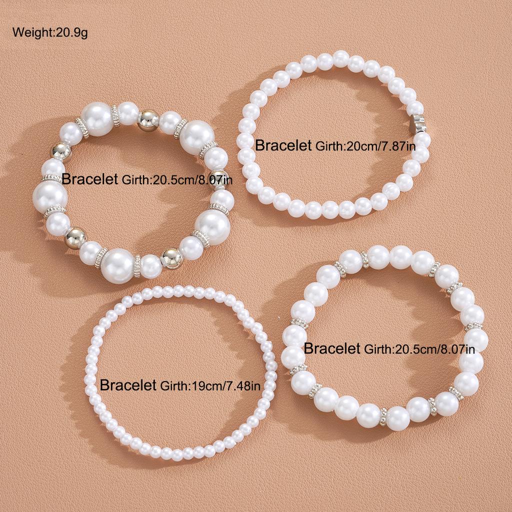 4Pcs/Set Imitation Pearl Heart Beads Bracelets Set for Women Simple Silver White Color Versatile Bracelets Fashion Party Jewelry