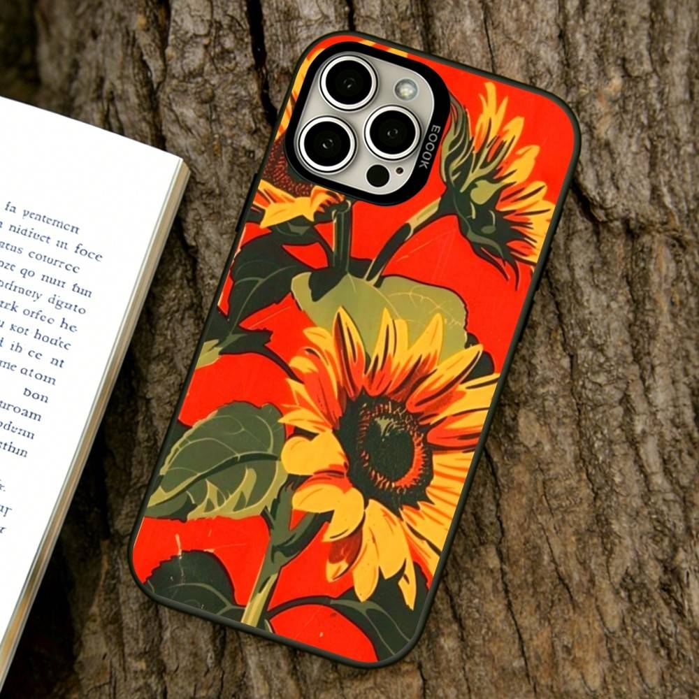 Sunflower Pattern Phone Case For iPhone 17,16,15,14,13,12,11 Plus,Pro Max,XS,Colored Silver Plated Inside Cover