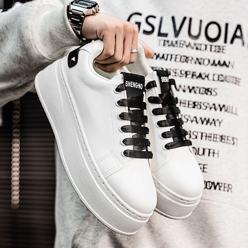 Męskie Wiosenne Oddychające Białe Sneakersy, Casualowe Buty Skate na Grubej Podeszwie Podwyższające Wzrost