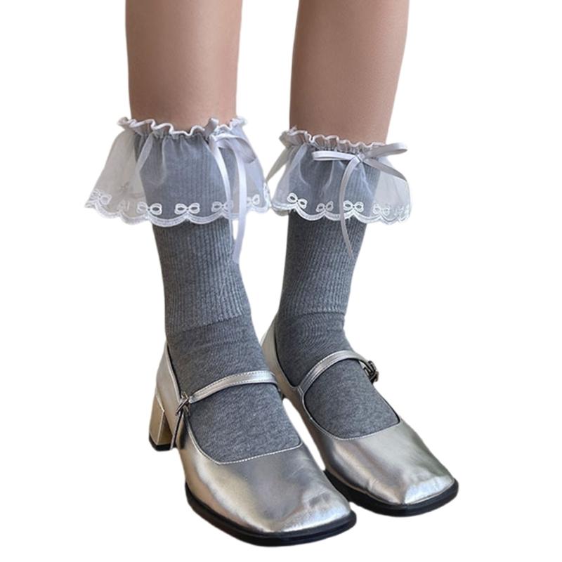 1 Pair Sheer Ruffle Mesh Splicing Ankle Socks with Bowknot Accent for Women Girls Fashionable Students Middle Tube Socks
