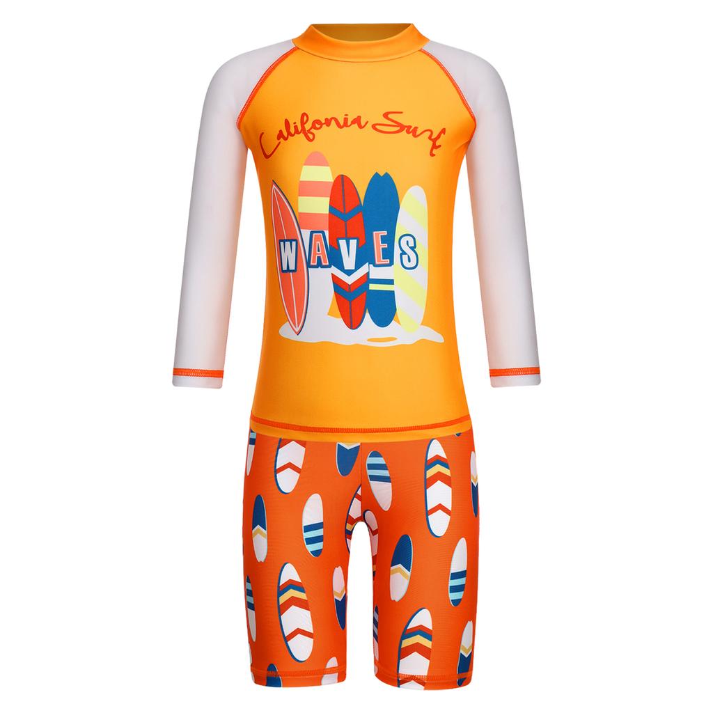 Jungen Zweiteiliges Schwimmset Langarm Cartoon Hai Print Oberteil Badeshorts Wellen Design Strand Badeanzug