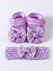 Baby Girls Lace Pearl Rhinestone Bow Crib Shoes & Matching Crochet Headband Set, Soft Dot Anti-Slip Magic Tape Mary Jane Princess Shoes