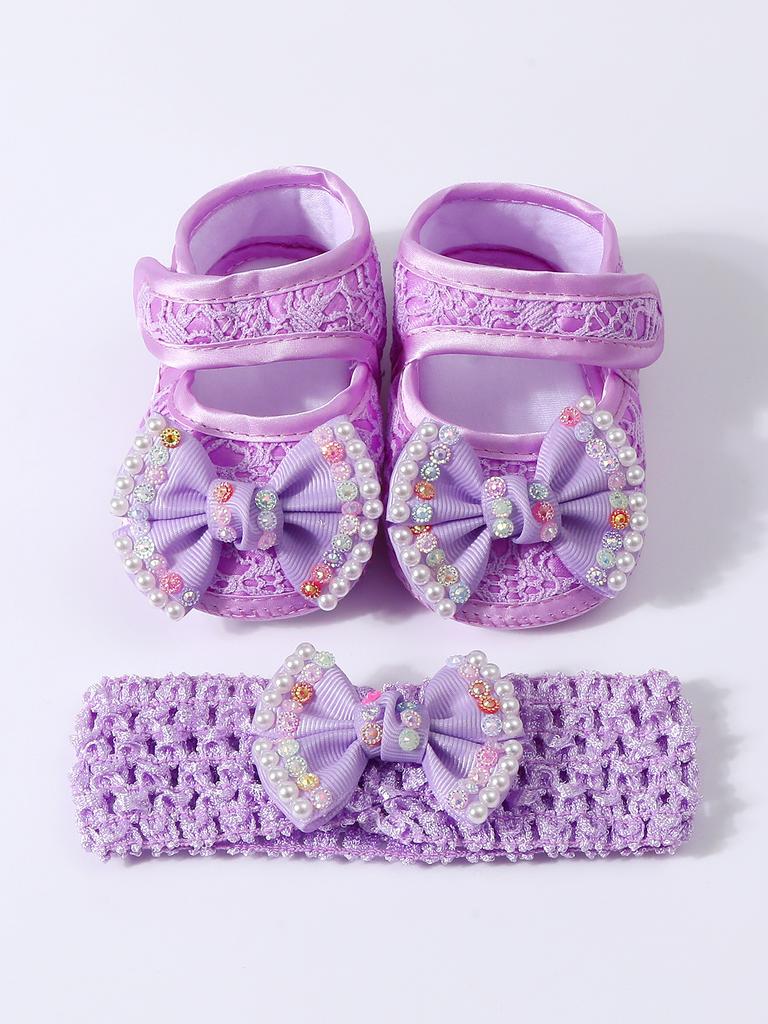 Baby Girls Lace Pearl Rhinestone Bow Crib Shoes & Matching Crochet Headband Set, Soft Dot Anti-Slip Magic Tape Mary Jane Princess Shoes