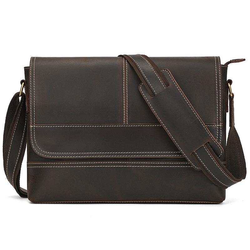 Men'S Genuine Leather Shoulder Bag Crazy Horse Leather Messenger Bag First Layer Cowhide Flip Shoulder Bag Casual Bag