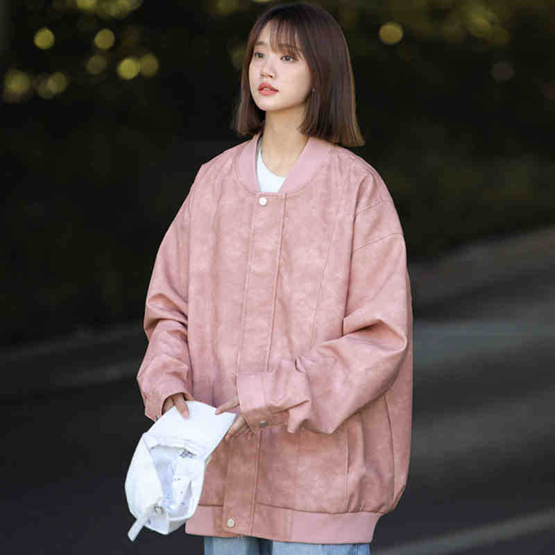 Japanese Washing PU Leather Jacket for Women's Coat for Spring and Autumn New American Versatile Baseball Uniform Leather Jacket
