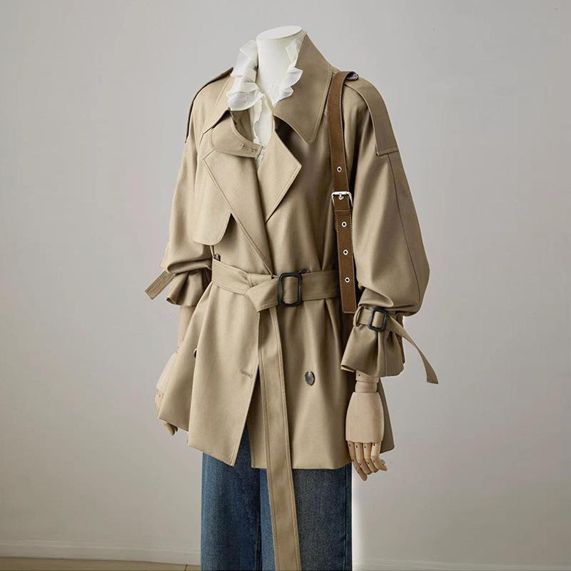Women`s Short Trench Coat, Double-breasted Overcoat