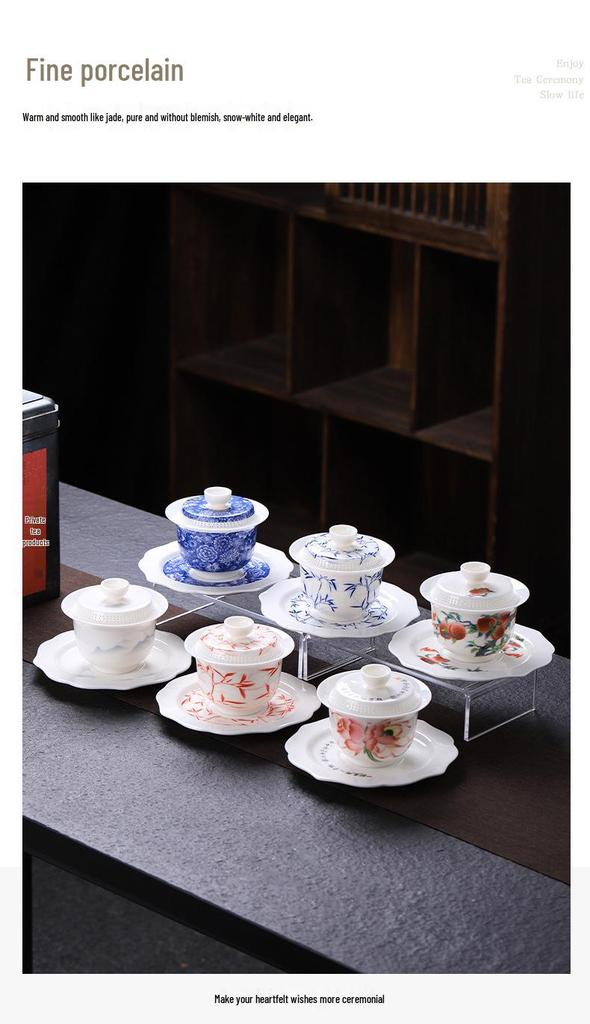 Large Dehua Mutton Fat Jade Ceramic Tea Bowl Set with Three Talents Lid