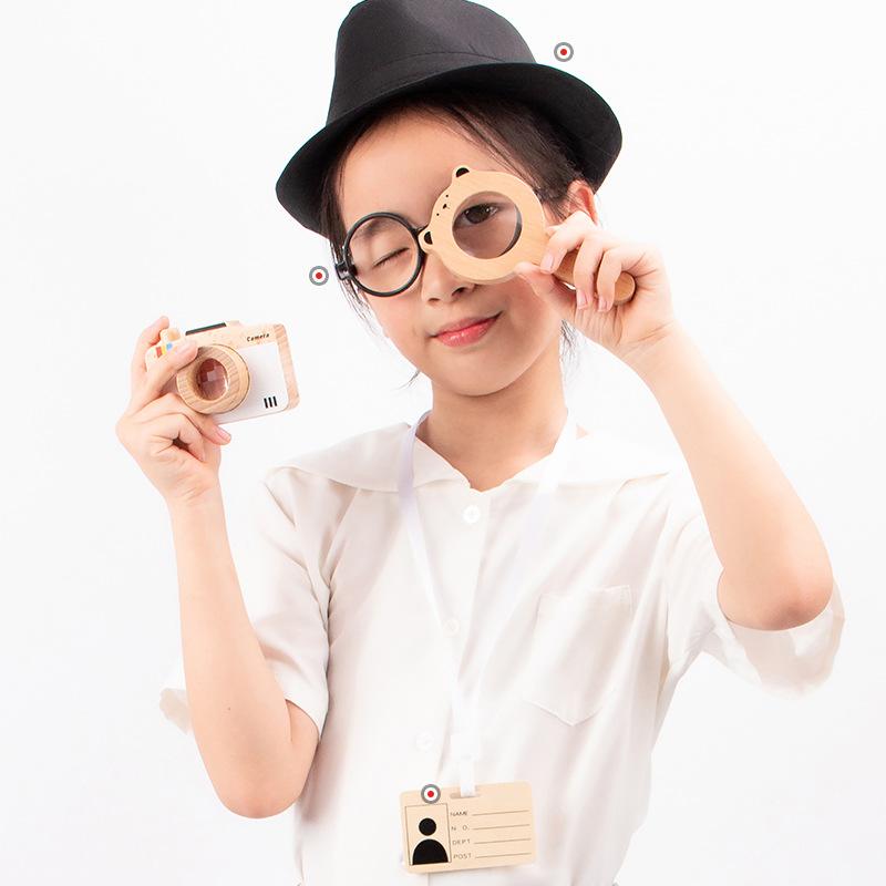 Children's Detective Role-play Toy Set - Family Game Wooden Flashlight Camera Detective Hat Compass