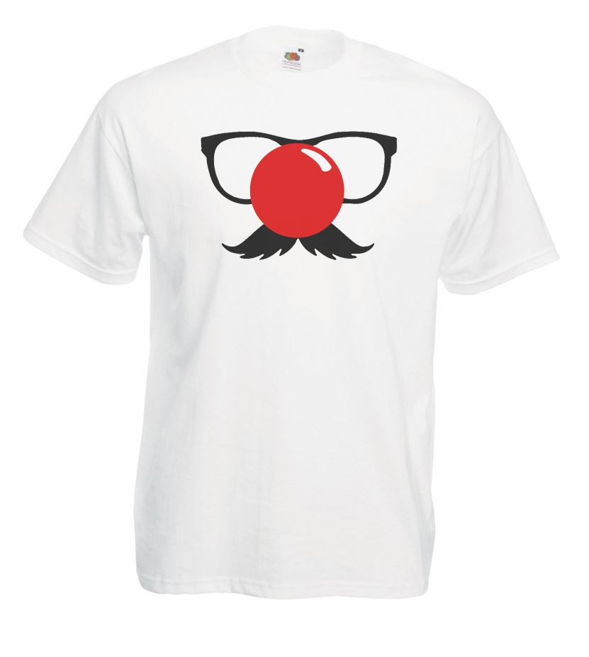 Adults Red Nose Day Glasses Moustache Comic Relief Unisex White TShirt 2XL