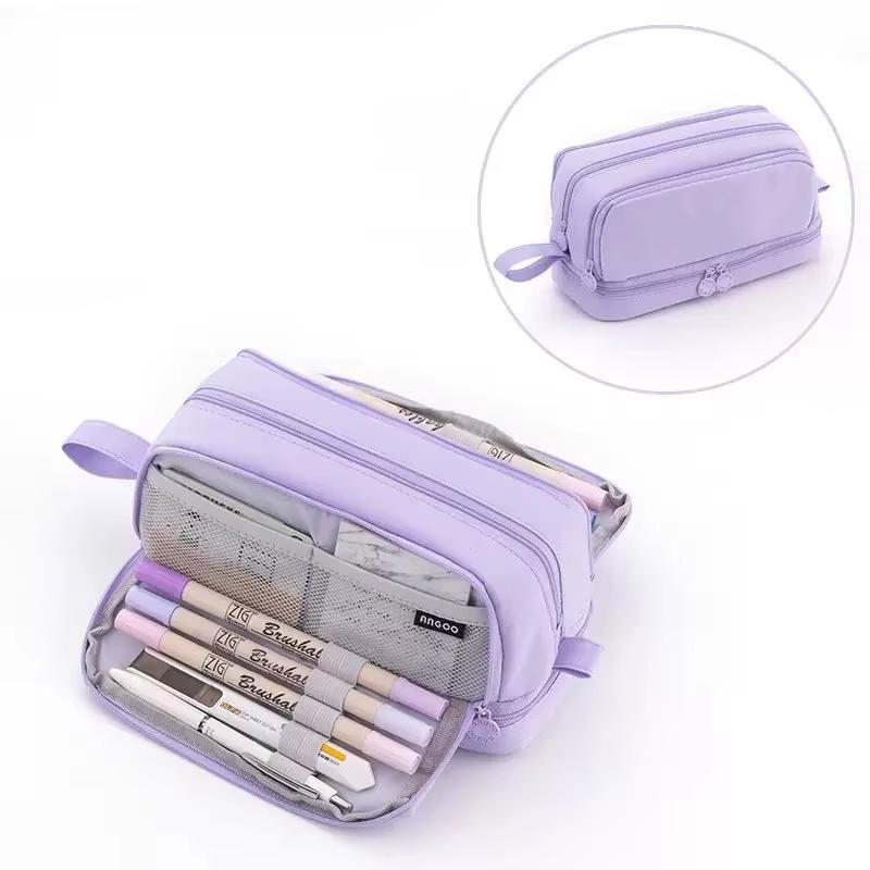 Cross-border  Fabric Pencil Case Stationery Bag Student Macaron Color Double Window Multi-function Learning Zipper