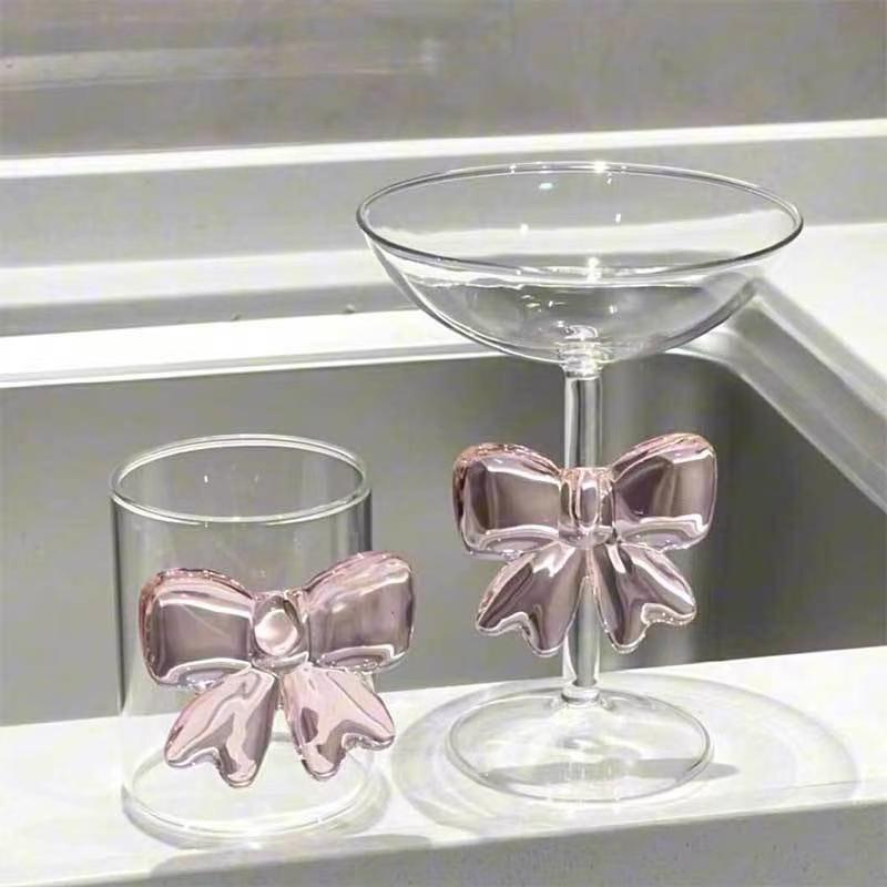 Pink Bow Glass Mug Decor Glass Cup Goblet Bow Handle Glasses Wine Cocktail Glass Dessert Ice Cream Bowl Drinking Glass