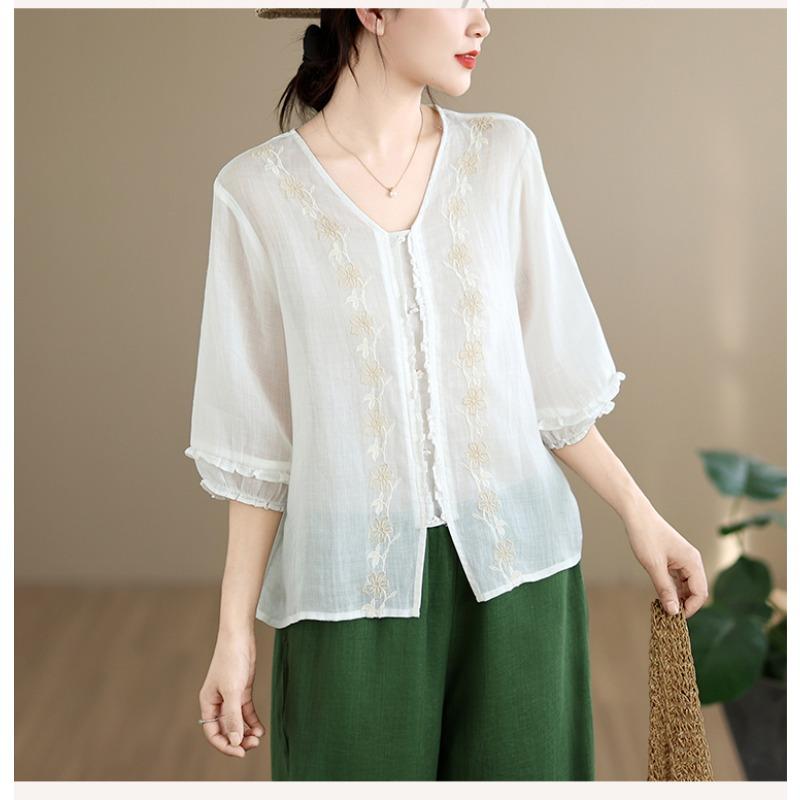 DIMANAF 2026 Summer New Plus Size Women Blouse Shirt Elegant Embroidery Floral Lady Tops T-Shirt Cotton Fashion Clothing