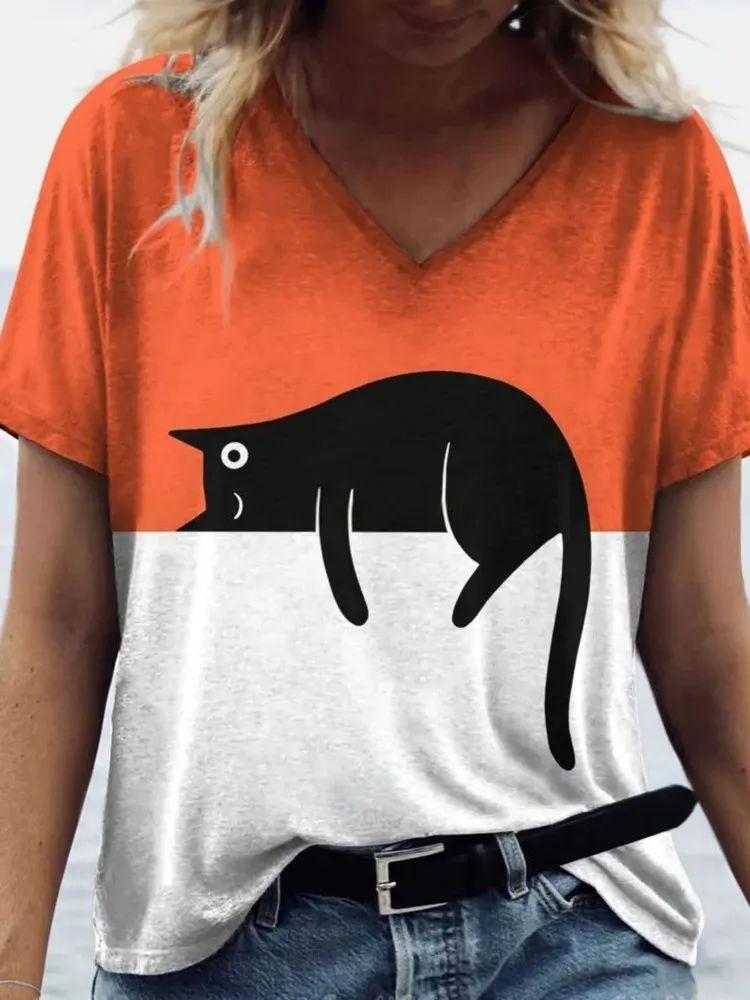 Neue Süße Katze Tier 3D Druck T-Shirts Mode Damen V-Ausschnitt Kurzarm T-Shirt Y2k Harajuku T-Shirts Lässige Oberteile Damenbekleidung
