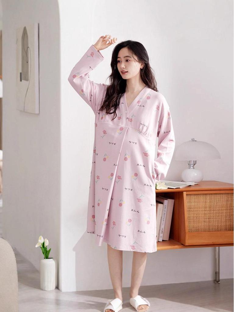 Bavlnová těhotenská noční košile s prsními vložkami pro předporodní a poporodní kojení, jarní/podzimní nošení