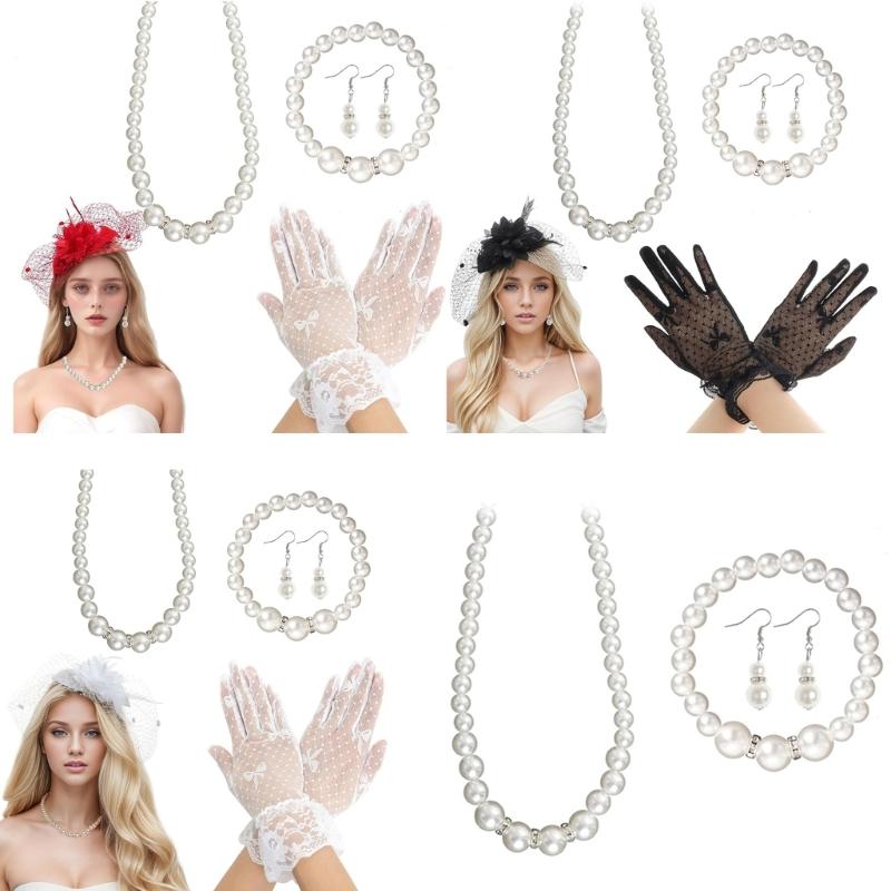 5Pcs 1920s Teas Party Accessories Set for Women Teas Party Fascinators Hats Lace Gloves Necklace Bracelet Earrings