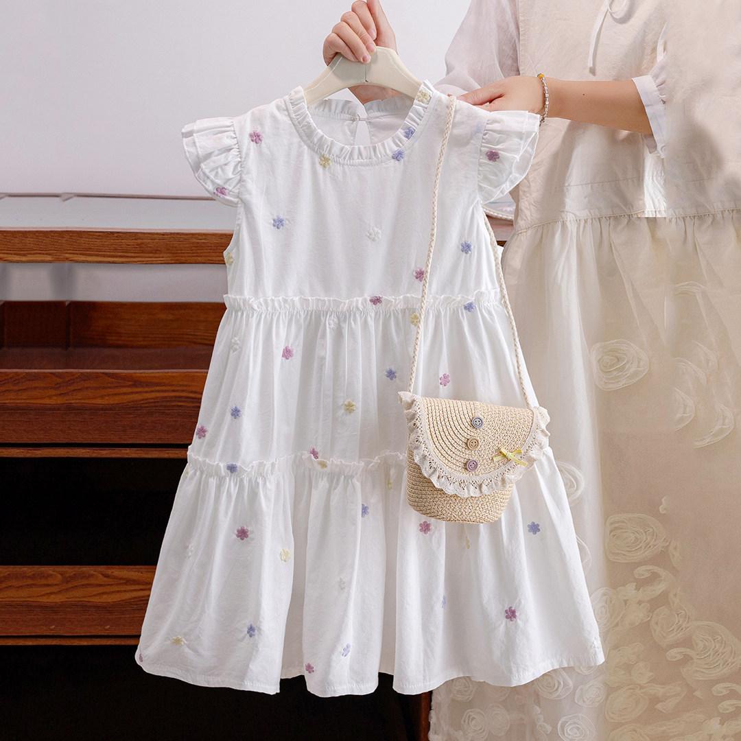 Girls Summer Floral Dress Sweet Casual Embroidered Fly Sleeve Princess Dress For Kids Children Party Wear 100cm