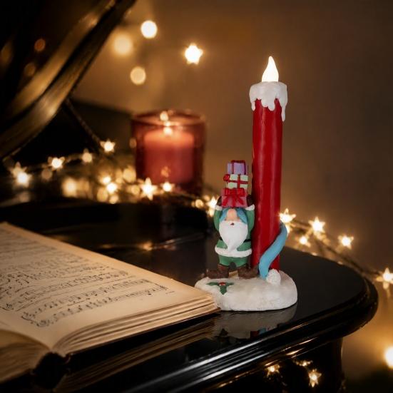 Festive Indoor Tabletop Displays Christmas Resin Figurine Candle Holder, LED Flameless Electronic Light, Decorative Figurines for Holidays Snowman Elf