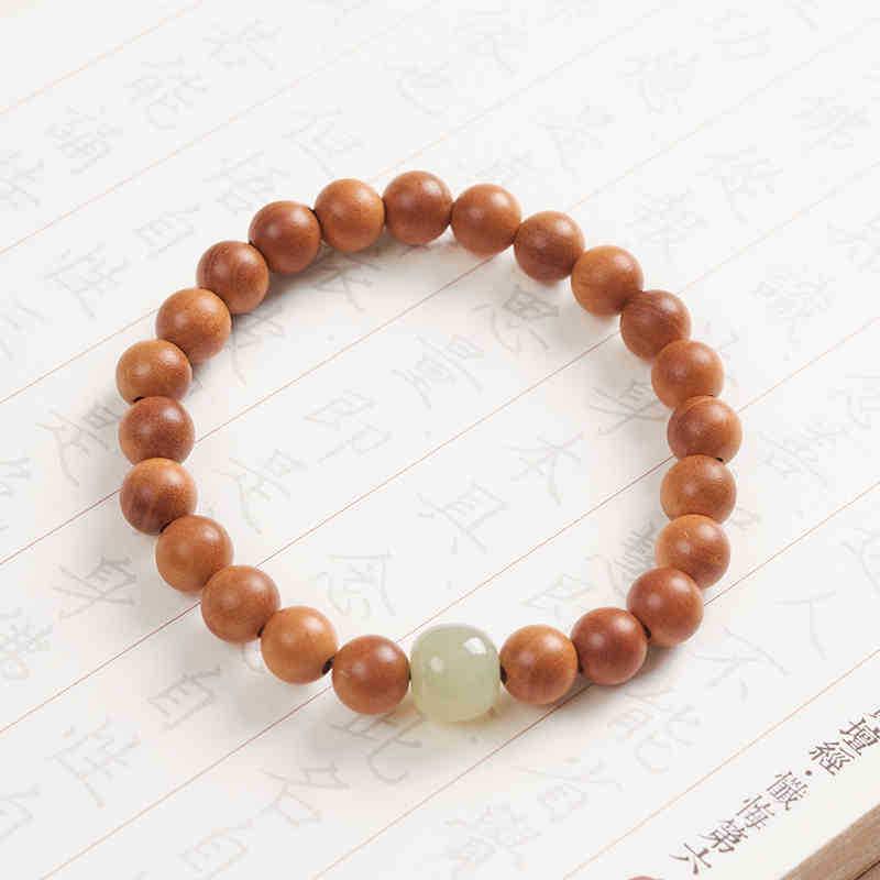 Natural Peach Wood Bracelet with Imitation Hetian Luck Beads, Buddhist Prayer Beads, Wenge Wood, Unisex Chinese Style