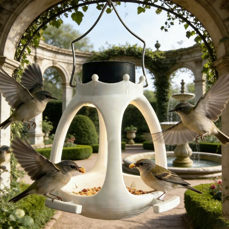Plastic Wild Bird Feeder Feeding Tray Solar Light Food Container Easy Fill Hanger For Backyard Bird Watching