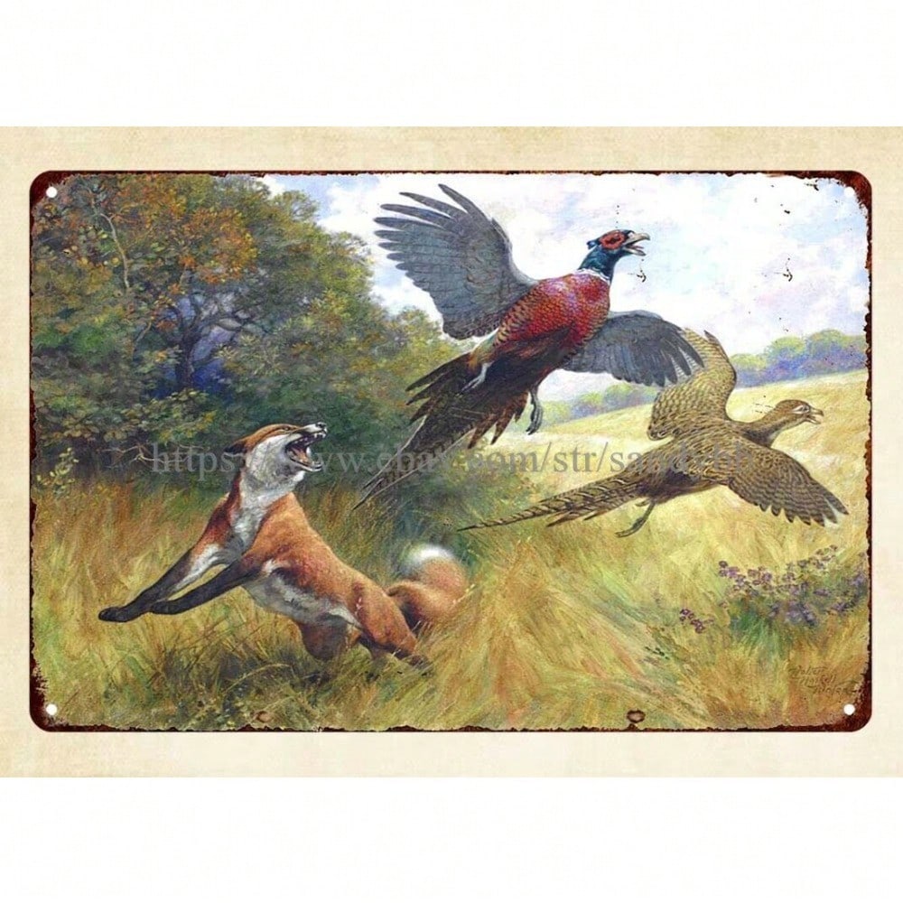 Vintage Fox Pheasant 1920s Metal Tin Wall Art Print Retro Home Office Decor Gift 20x30