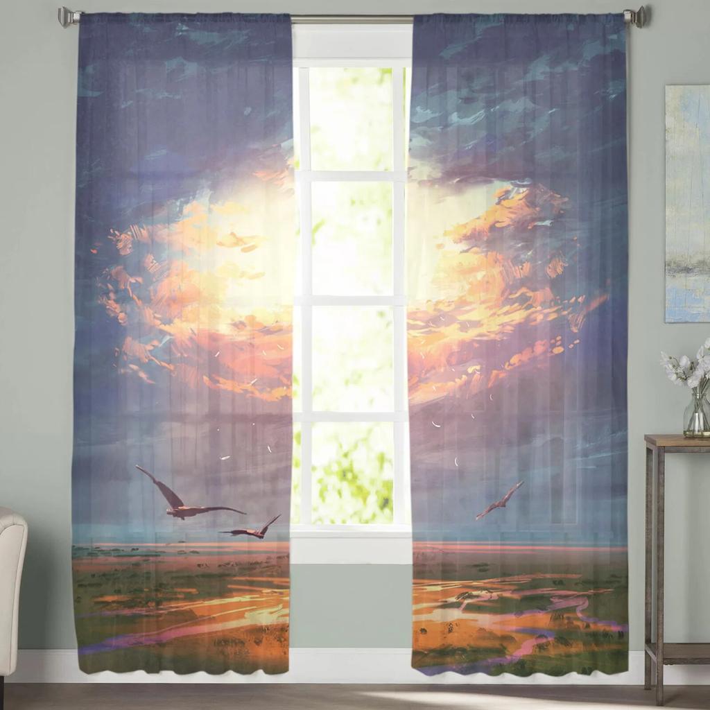 Cloud Painting Bird Sky Modern Printed Tulle Curtains for Bedroom Balcony Window Decor Creative Fashion Home Sheer Curtain
