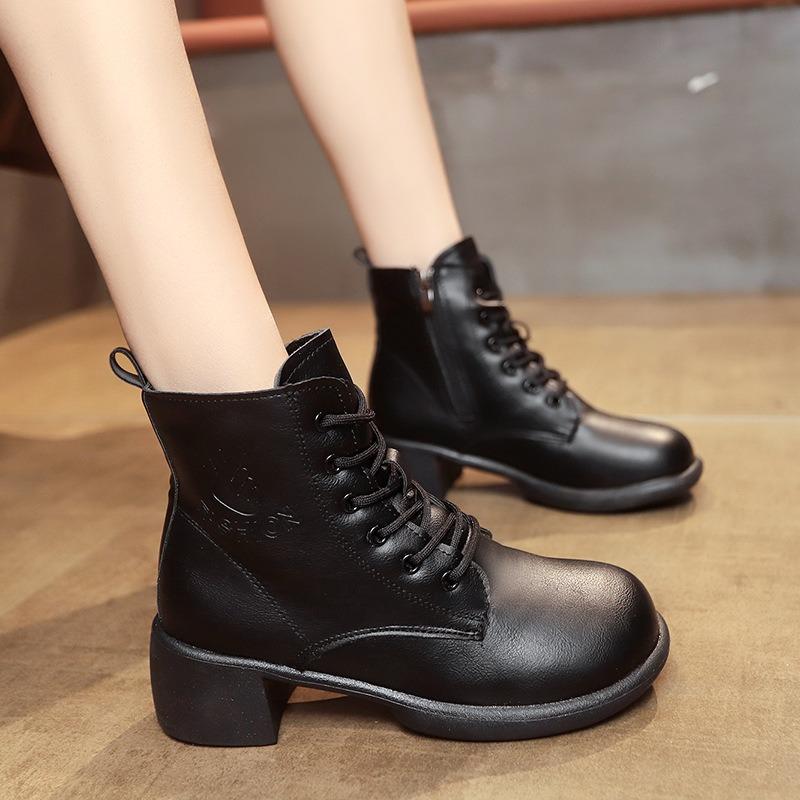 Soft leather velvet autumn and winter new women's thick heel retro fashion boots thick heel versatile boots
