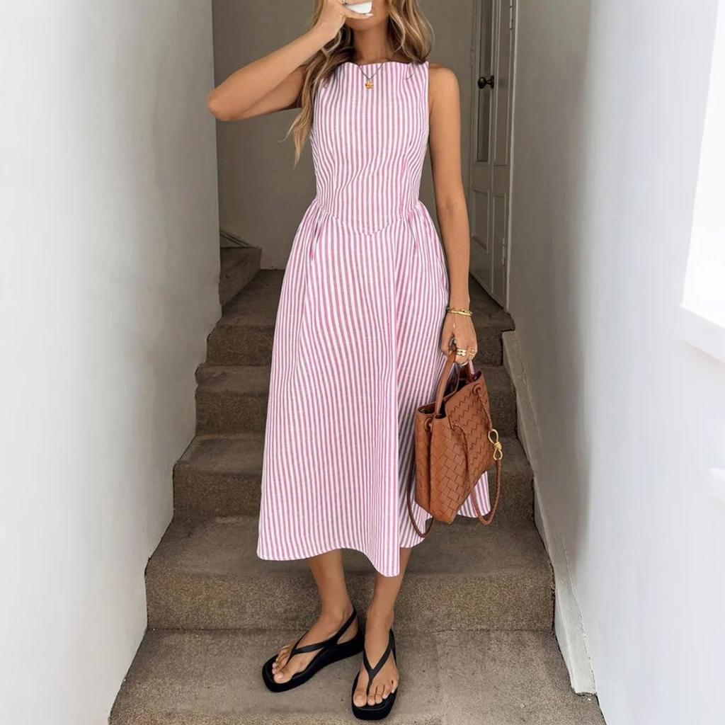 Damen Langarm-Kleid mit vertikalen Streifen, Europäisches und Amerikanisches Lässiges Ärmelloses Modekleid mit Tasche