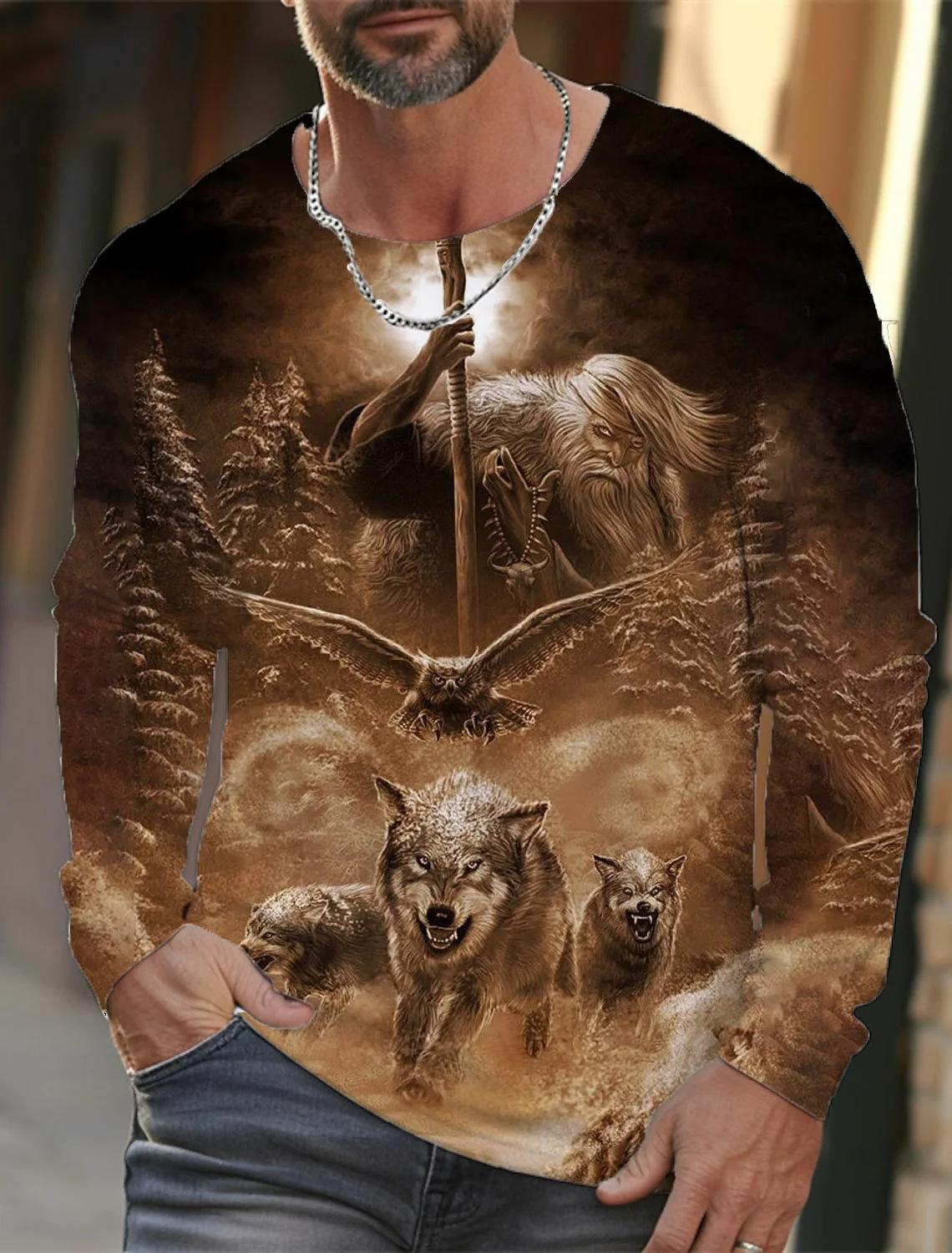 

Мужская футболка с круглым вырезом и длинными рукавами, весна-осень, 3D-принт волка, мужская одежда 6XL