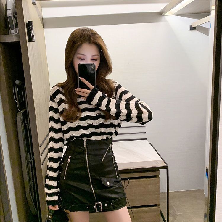 Women's Spring Korean-style Short Striped Sun Protection Knit Top Cover-up Blouse
