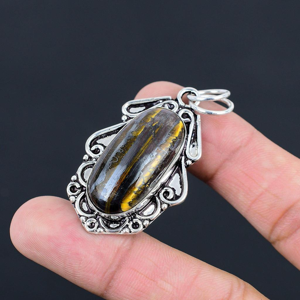 Daughters Day Sale Oval Natural Iron Tiger Eye Bezel Wife New Pendant 925 Silver