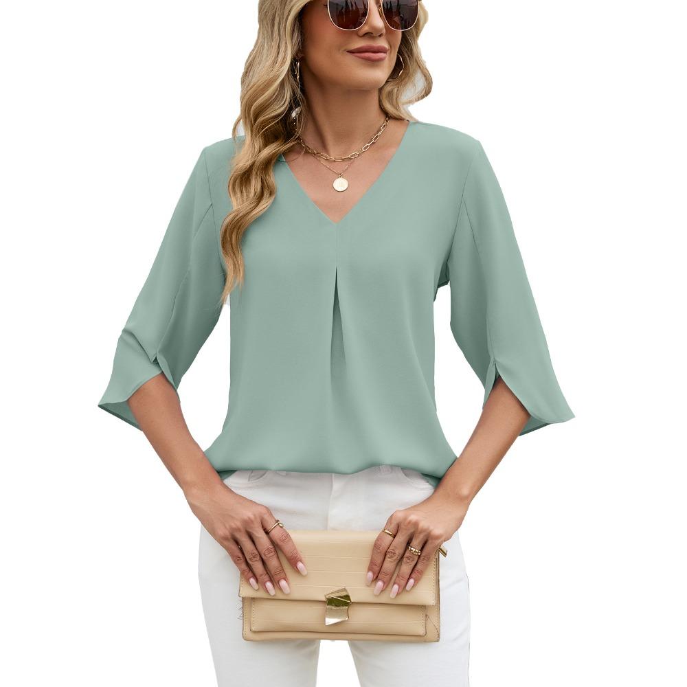 Women's V Neck 3/4 Split Sleeve Blouse Loose Fit Front Pleated Detail Casual Solid Chiffon Top