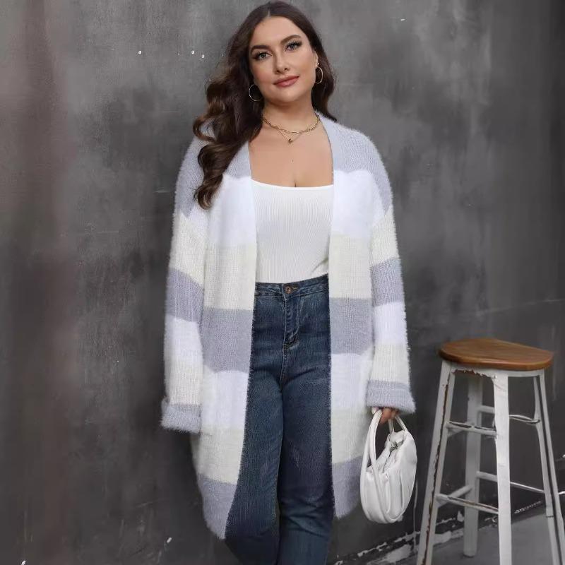 Women S Plus Size Striped V Neck Long Sleeve Knit Cardigan Coat
