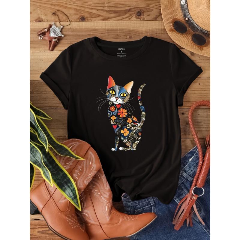 Large loose T-shirt cat print short sleeved women s versatile and stylish anti-aging top for women S
