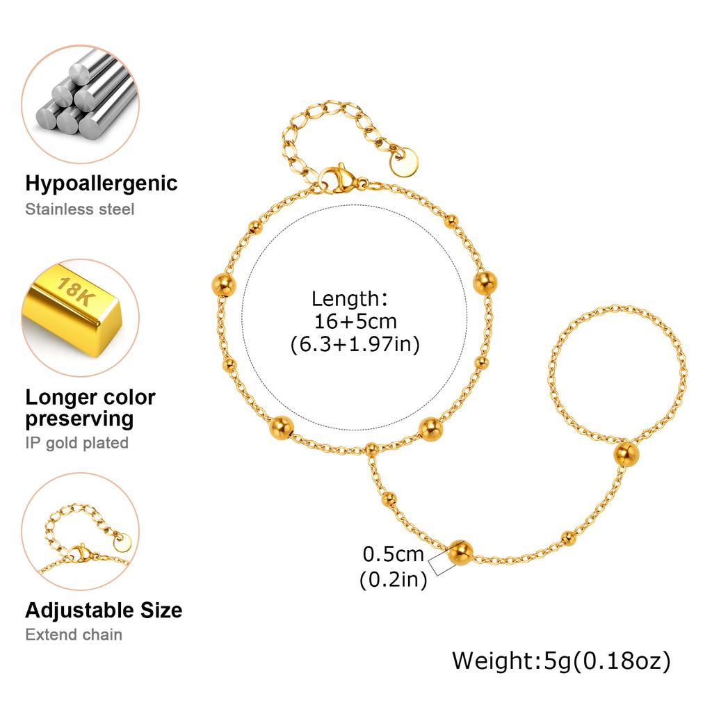 Stainless Steel Beaded Finger Chain Bracelet,Gold Color Flat Rolo Chain Bracelets for Women,Minimalist Jewelry Gift