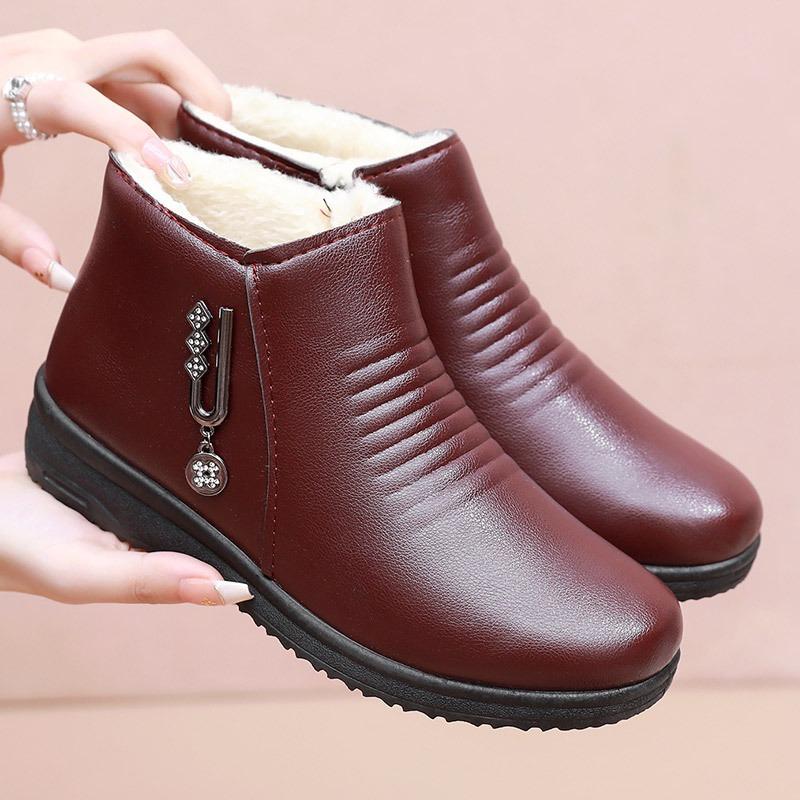 Fashion Casual Flat Bottomed Cotton Leather Shoes for Women Warm Boots with Added Fleece Soft Soled Short Boots for Women Botas Mujer