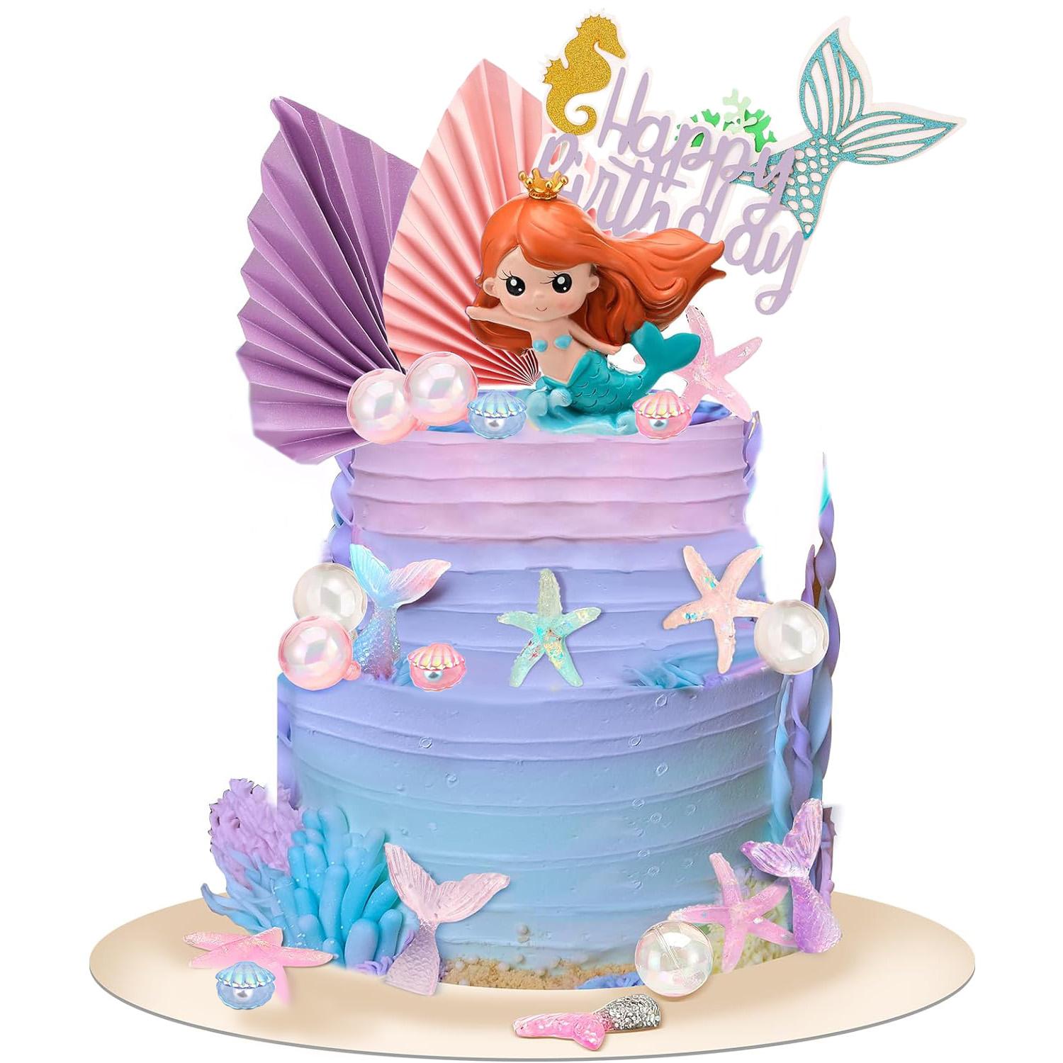 

Mermaid Under The Sea Cake Toppers set with Little Resin 3D Mermaid Seaweed Bubble Starfish Shell Mermaid Tail Cupcake Picks