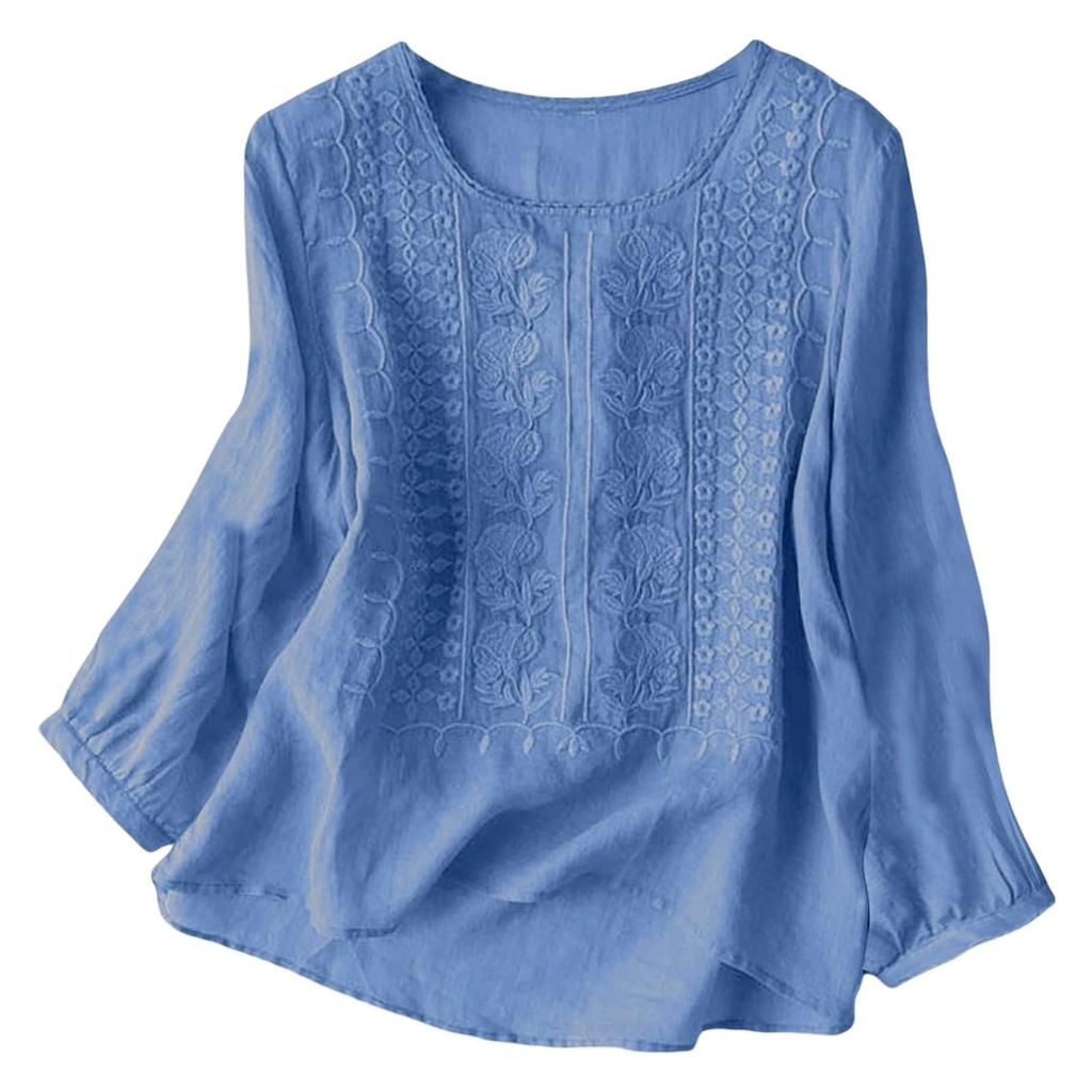 Women's Fashionable Casual Long-Sleeved Cotton-Linen Embroidered Round Neck Top