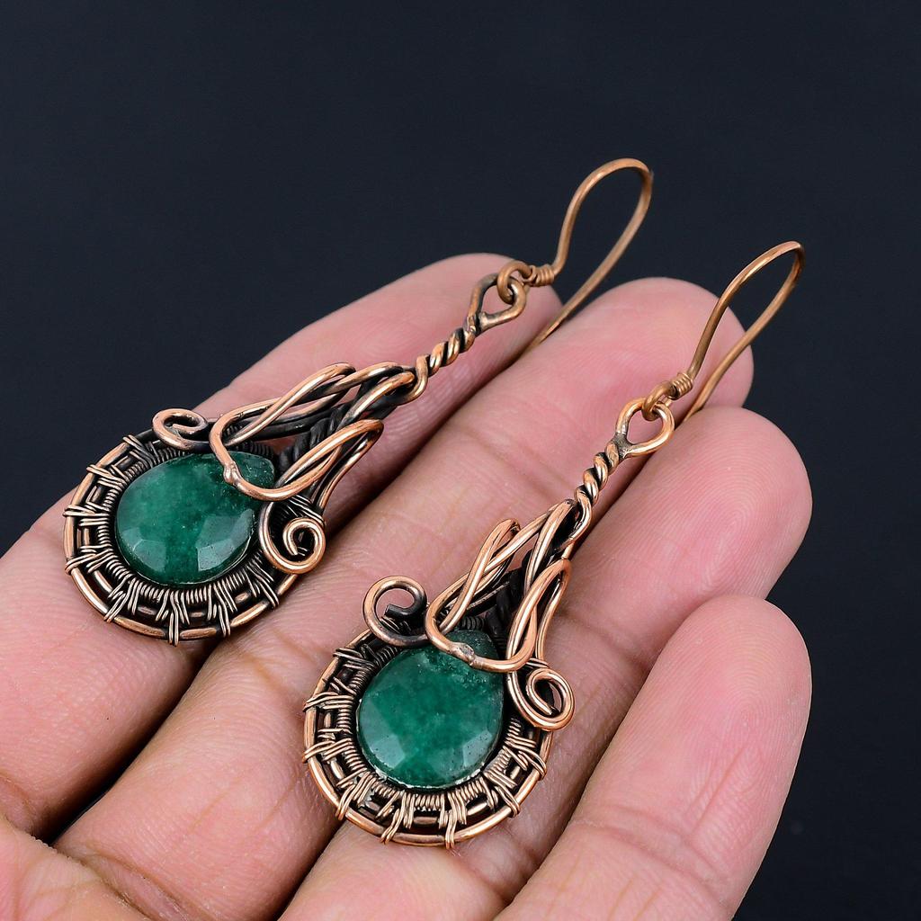 Emerald Lab-Created Gemstone Handmade Pure Copper Wire Wrapped Earrings Jewelry