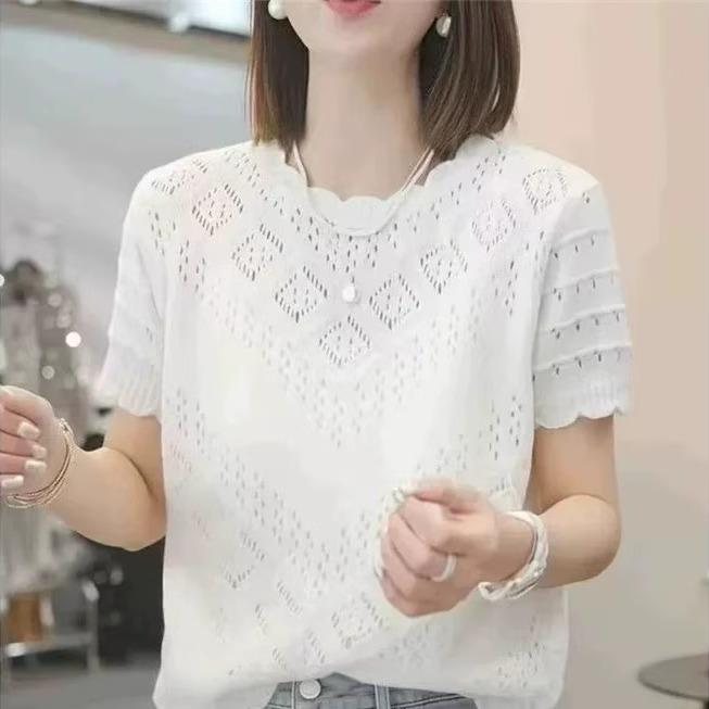 Spring Summer Hook and Flower Hollow Short Sleeved Knitted Sweater T-shirt for Women Round Neck Thin Loose Top