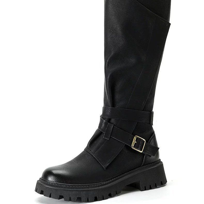 Camping Ödland Wind Motorradstiefel Runde Spitze Dicke Sohle Gürtelschnalle Westernstiefel 2025 Herbst Retro Hohe Ritterstiefel Damen