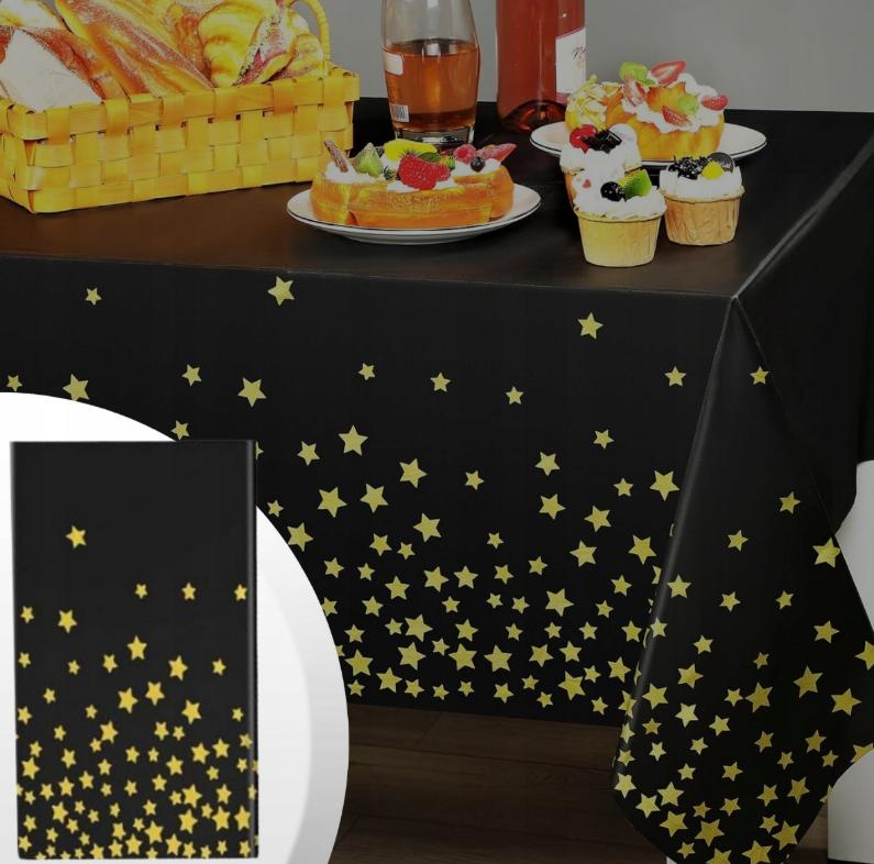 Disposable Tablecloth for the Foil Table, Black with Gold Stars, Large 137x274 cm