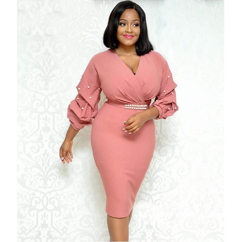 Elegant Women's Fashion Autumn And Winter Long Sleeved Pleated V-neck Bead Sexy Dress