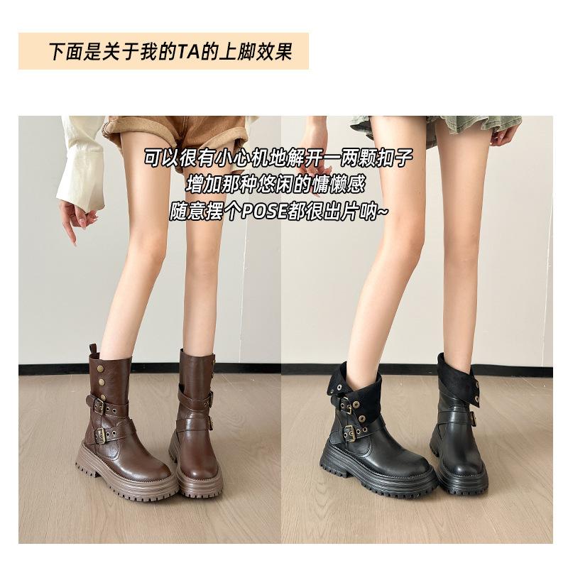 2025 autumn height increase of 8 cm retro fold two wear thick-soled Martin boots women's new round head belt buckle medium boots