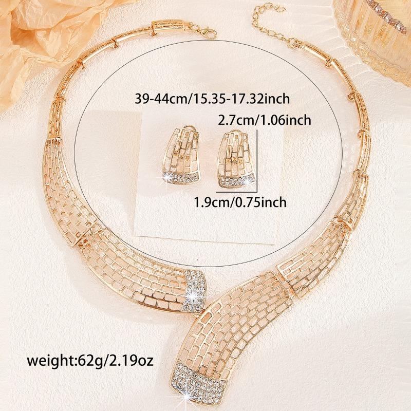 Diamond-studded openwork grid necklace and earring set - bridal wedding alloy chain set