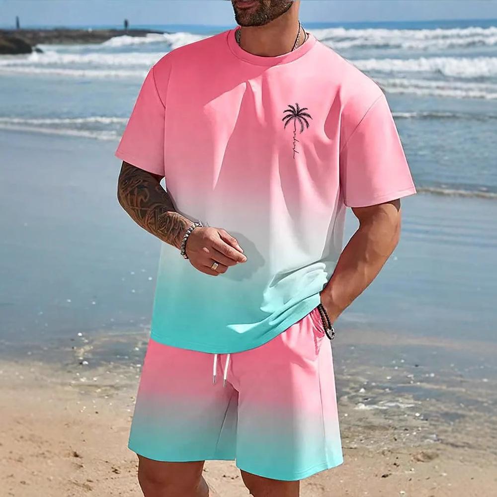 Verão Manga Curta Shorts Férias na Praia Casual Estampa 3D de Palmeira de Coco Conjunto de Praia Roupa Esportiva Masculina