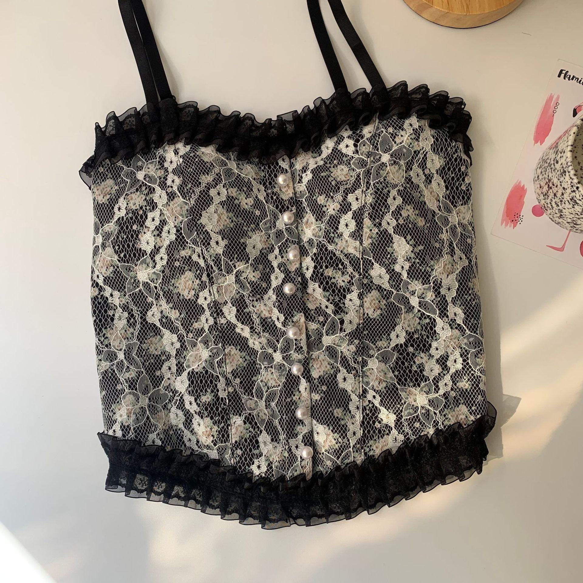 

Early spring new suspender vest, sexy lace edge women s pearl bra, girl s beautiful back, chest wrap, inner and outer wear One size fits all ( 40-65kg ) чорний