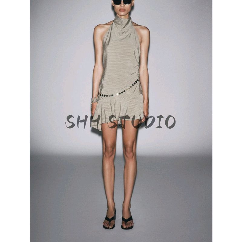 Summer New Product Women's Clothes Ins Style Bowknot Decoration Hanging Collar Stripes Belt Short Dress 8066246